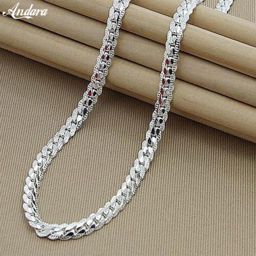 High Quality 6MM 50cm Full Sideways Necklace Women Men 925 Sterling Silver Fashion Jewelry Link Chain Necklace