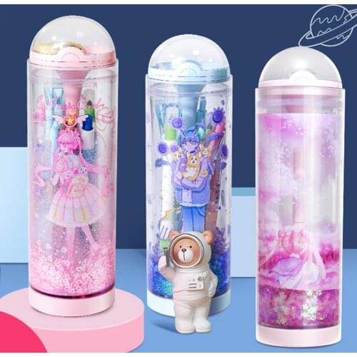 Not Inverted Suction Cup Stationery Pencil Case,Kawaii Tumbler Quicksand Lifting Standing Pencil Box Case Large Capacity Pen