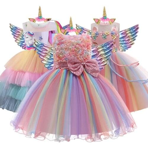 New Girls Unicorn Tutu Dress Children Rainbow Princess Dress For Christmas Halloween Party Cosplay Costume With Headband Wings