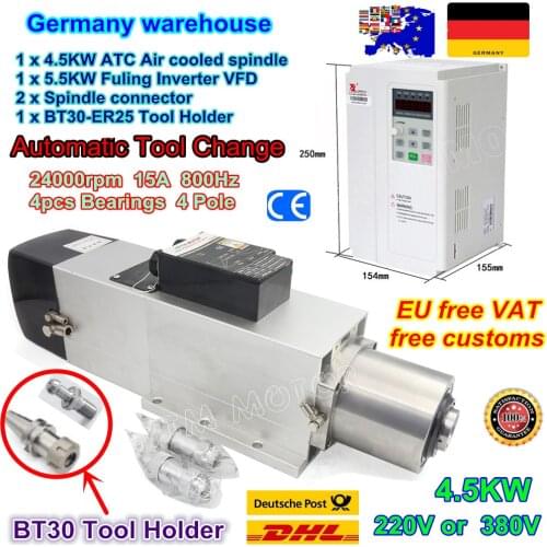 4.5KW ATC Air Cooled Automatic tool change Spindle Motor BT30 24000rpm & 5.5KW Fuling Inverter VFD 220V/380V for CNC MIlling
