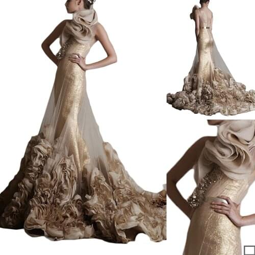 Elegant Evening Dresses Lace Tulle Ruffle Mermaid Prom Gowns Custom Made Sexy Backless Sweep Train Special Occasion Dress