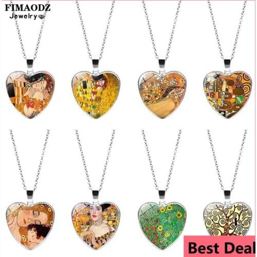 FIMAODZ Gustav Klimt The Kiss Necklace Vintage Love Painting Glass Gem Pendant Heart Necklace Valentines Day Gift Women Jewelry