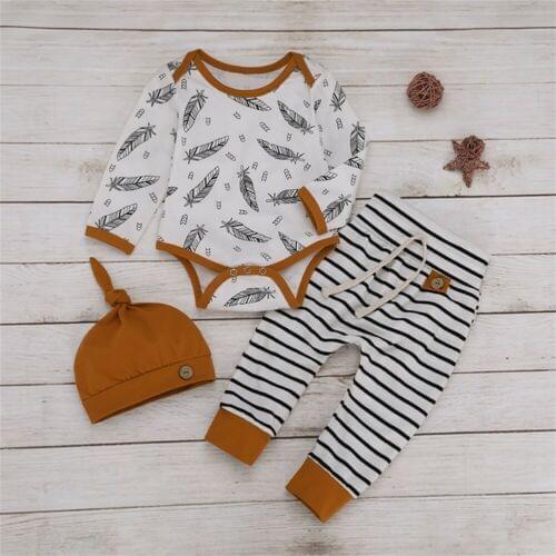 2020 New Newborn Kids Baby Girl Boy Clothes Long Sleeve Leaves Romper Tops Striped Pants Hat Outfit Set Tracksuit ropa de bebe