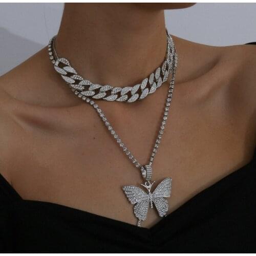 Iced Out 2pcs set Elegant Full of Rhinestones Butterfly Cuban Link Chain Buckle Pendant Necklace for Women Choker Jewelry