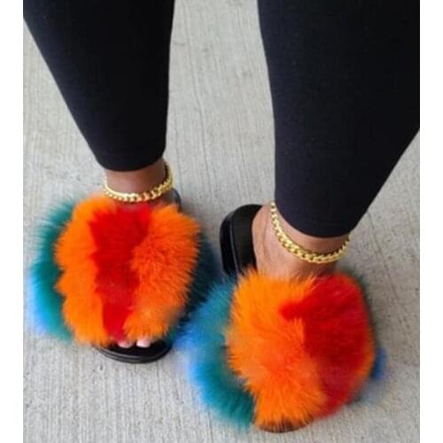 Hot Summer Fox Fur Slippers Casual Slippers Raccoon Fur Slides Women Amazing Shoes Soft Furry Plush Slides Cute Beach Flip Flops