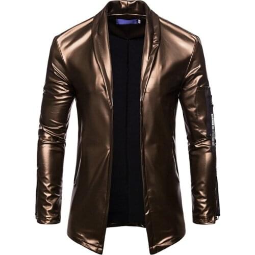 PU Leather Suit Blazer Men 2020 Luxury Gold Solid Color Blazers Jacket Mens Casual Slim Fit Cardigan Nightclub DJ Stage Costumes