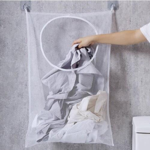 Wall Hanging Folding Laundry Pouch Large Capacity Mesh Storage Bag for Bathroom