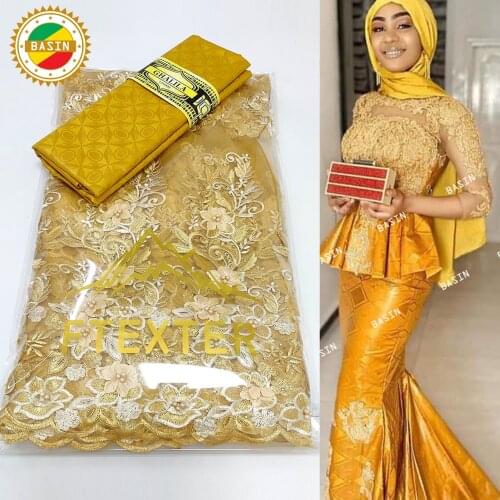 New Net Tulle Lace With Bazin Riche Fabrics 2021 Latest French Ankara Basin Riche Wedding Women Dresses Net Lace With Guipure