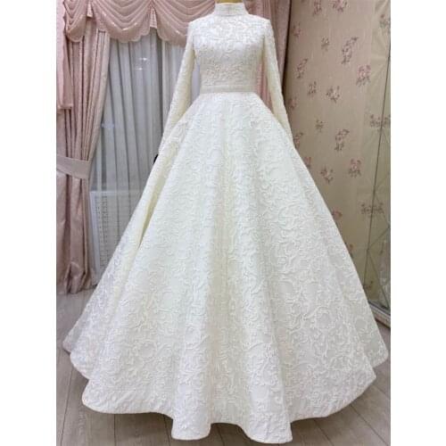 Luxury Appliques Beaded Long Sleeve Wedding Dress for Bride 2021 High Neck Wedding Bridal Dresses