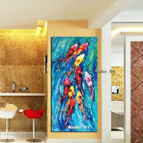 Hand painted Traditional Chinese Landscape Oil Painting Nine Koi Fish painting on Canvas Wall Art Picture For Living Room Decor