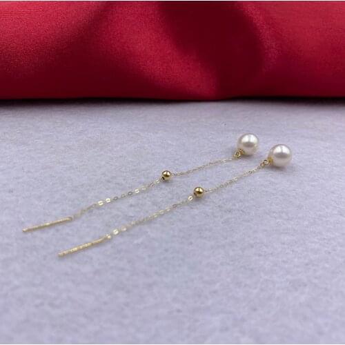 Sinya 18k gold long chain tassel drop earring with high luster natural pearls and Au750 gold beads Best gift for women Ladies