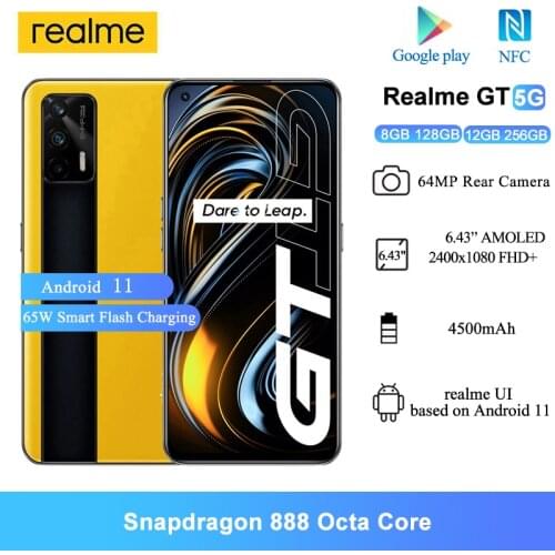 Realme GT 5G NFC Smartphones Android 11 6.43 " Super AMOLED Snapdragon 888 Octa Core Mobile Phones 4500mAh 64MP AI Triple Cam