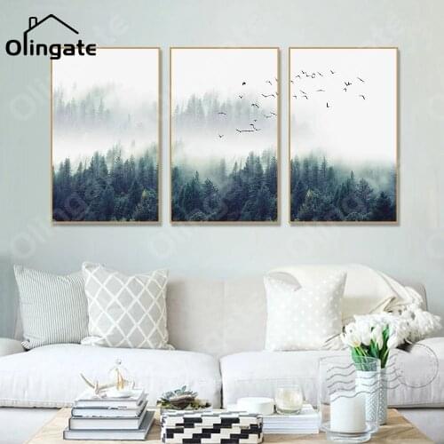 Modern Nordic Style Scandinavian Wall Art Forest Birds Mist Canvas Paintings Poster of One Piece for Living Room Home Decor