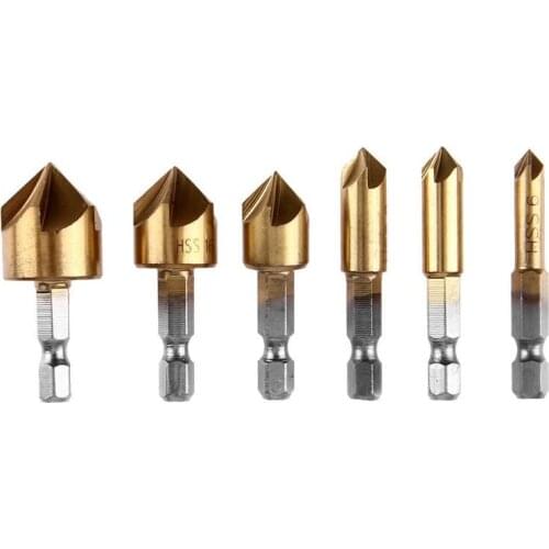 6pcs HSS Chamfer Drill Bit Hex Shank 90 Degree 6mm-19mm Countersink Drill Bit Chamfering Cutter Remove Bur Woodworking Tools