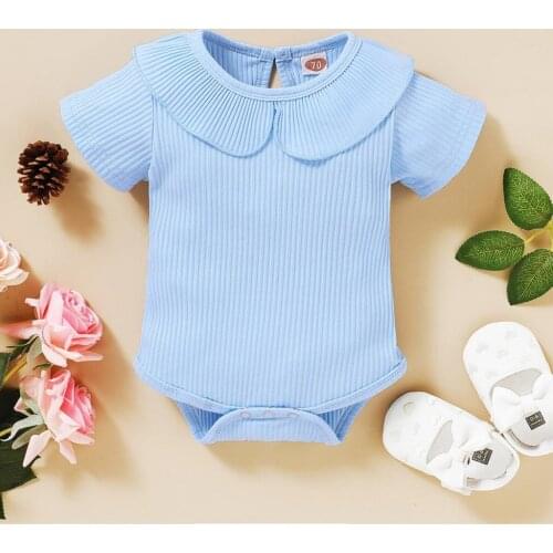 Telotuny Newborn Infant Baby Girls Lovely Short Sleeve Solid Cute Ruffle Ribbed Knitted Romper Summer Jumpsuit Playsuit 0-24m