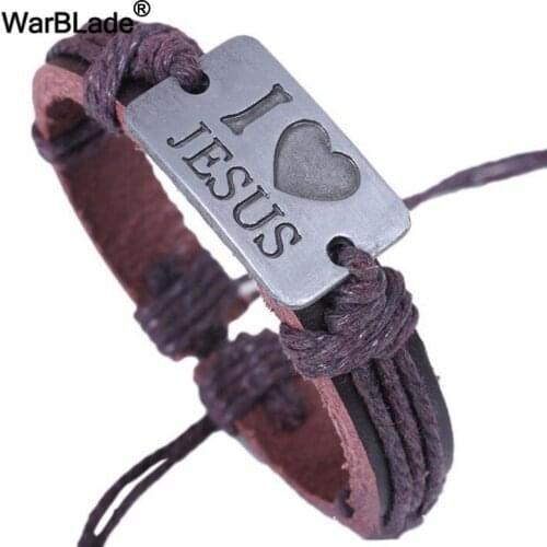 WarBLade New Arrival Genuine Leather I love Jesus Bracelets Bangles Charm Bracelets For Women Men Friendship Wristband Jewelry