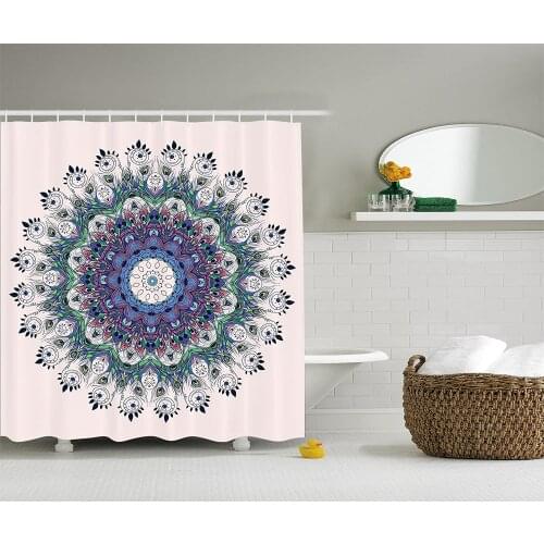 Mandala Shower Curtain Peacock Feather Decor Bird Design Moroccan Motif Bath Curtains for Bathroom Decor