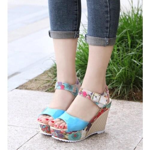 Summer shoes 2019woman Flower Peep Toe Wedges Lace up Thick Bottom Flatform Shoes Sandals zapatos mujer tacon sexy