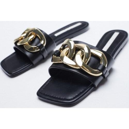 ZAR Slippers Women Summer Luxury 2021 New Black Square Toe Metal Chain Flat Sandals Brand Woman Beach Shoes Plus Size 41 Femme