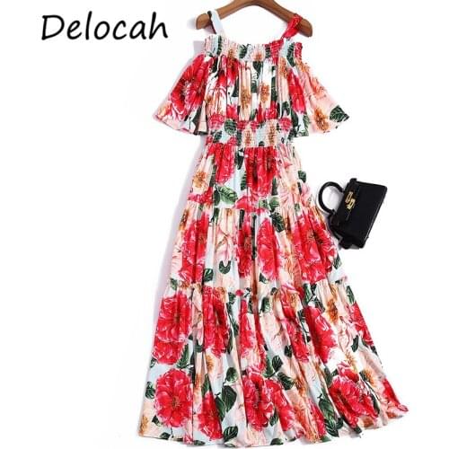Delocah Summer Women Fashion Runway Boho Maxi Dress Plus Size Sexy Spaghetti Strap High Waist Ruffles Floral Print Long Dresses