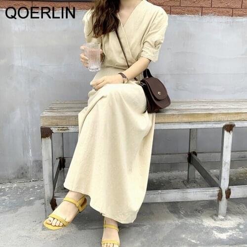 QOERLIN Chic Style Korean Simple Elegant Retro V-Neck Lantern Sleeve Slim Dress Solid High Waist Puff Sleeve Long Maxi Dress