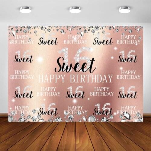 Sweet 16 Backdrop Girls Sweet Sixteen Birthday Rose Gold Diamond Decoration Photo Background 16th Repeat Steps Party Banner