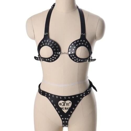 BDSM Leather Body Halter Harness Sets Women Sexy Underwear Erotic Chest Bondage Bra Buttocks Panties Punk Goth Garter Belt Fetis