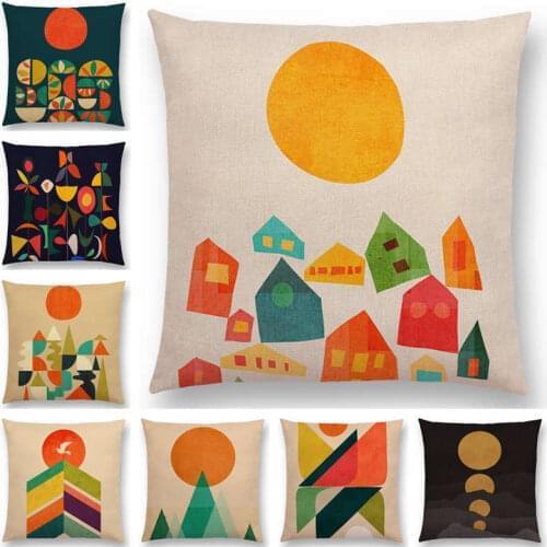 Great Sun Moon Cushion Cover Colorful Mountain Gold Peaks Rivers Geometric Abstract Pattern Colorful Retro Pillow Case