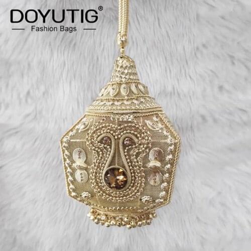 DOYUTIG Hot Sale Bright Gold Womens Evening Handbag For Wedding Indian Design Handmade Metal Bucket Bag For Party Lady Bag J007
