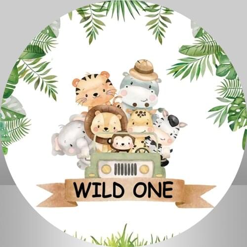 Safari Party Wild One Round Backdrop Cover Green Leaves Car Baby Shower Boy Birthday Party Decoration Circle Background Elastic
