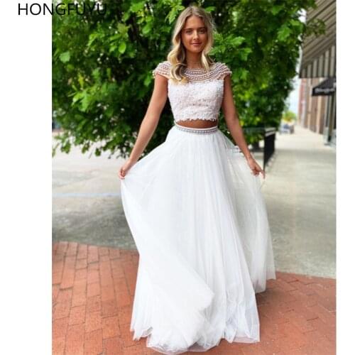 HONGFUYU White Two Pieces vestidos de fiesta Prom Dresses with Pearls Crystal largos elegantes de gala A Line Tulle Evening Gown