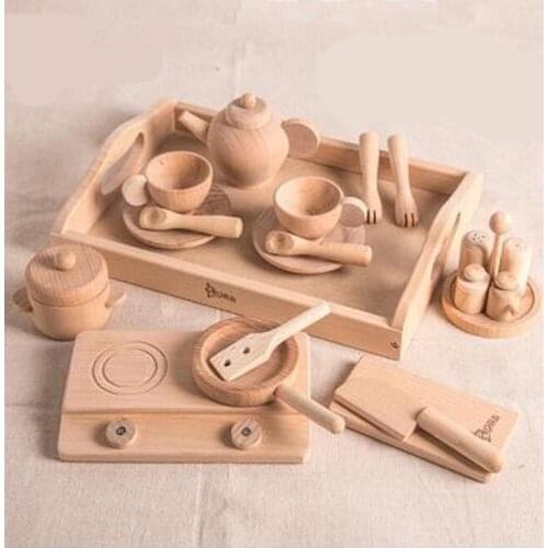 Western-style Kitchen Original Wooden Simulation Play House Toy Pots And Pans Tableware Combination Game