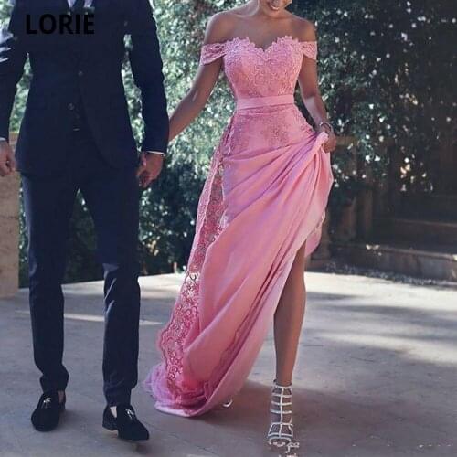 LORIE Off the Shoulder Blush Pink Evening Dresses 2020 Lace Appliques Split Sexy Formal Prom Dresses Party Gowns Robe De Soiree