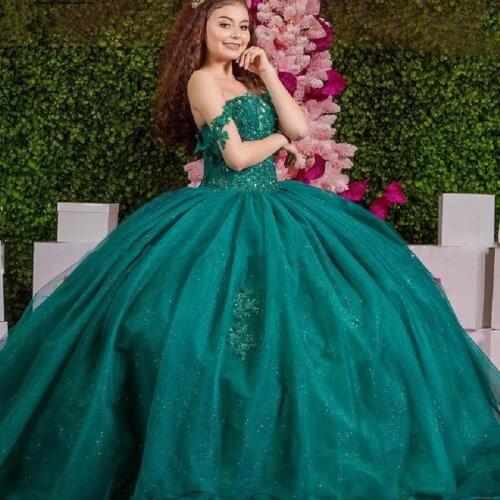 Green Tulle Sweet 16 Quinceanera Dress Crystal Applique Beaded Sweetheart Pageant Dress Mexican Girl Birthday Gown 2021