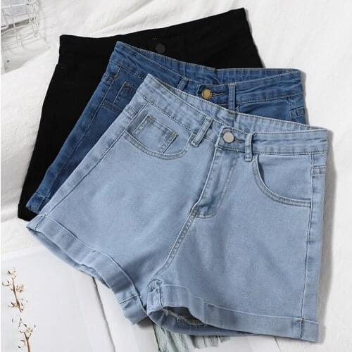 Fashion Elastic Curling High Waist Straight Tube Denim Shorts For Women