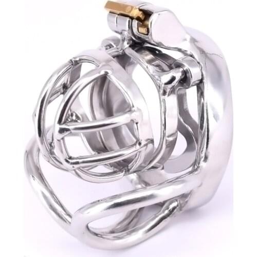 Male Cock Cage with Anti-off Ring Stainless Steel Arc Penisring Scrotum Restraints Gear Chastity Devices with Stealth Lock Metal