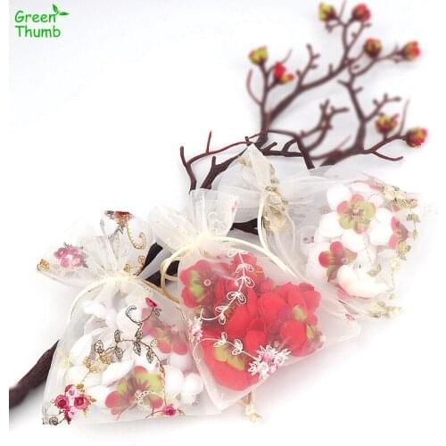 32pcs 14x10 cm Pearl Yarn Drawstring Mesh Gift Bag Yellow Pink Red Embroidery Flowers Transparent With Candy Wedding Festival