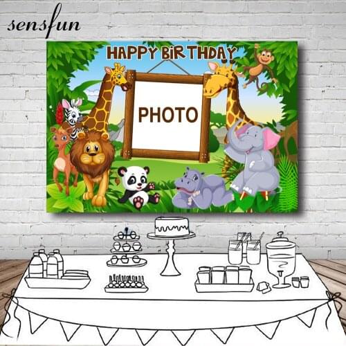 Sensfun Safari Jungle Party Photography Backgrounds Green Forest Lion Elephant Boys Birthday Party Backdrops Custom Photo Text
