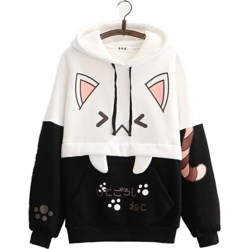 Japan Style Autumn Winter New Women Cute Cat Print Plus Velvet Warm Stitching Harajuku Hoodies Student Girl Sweatshirt 2010036