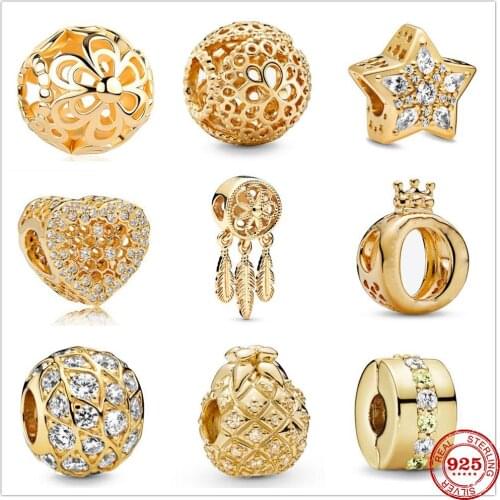 925 Sterling Silver Metal Bead Dream Catcher Flower Gold Charm fit Original 3mm Pan charms Silver 925 Bracelet DIY Women Jewelry