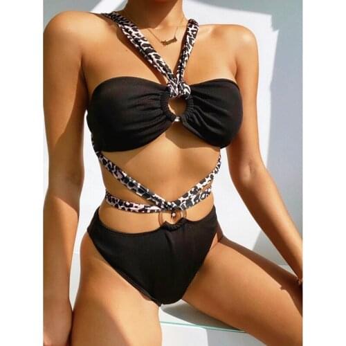 Womens Split Swimsuit Leopard Print Sexy Strappy Bikini Black