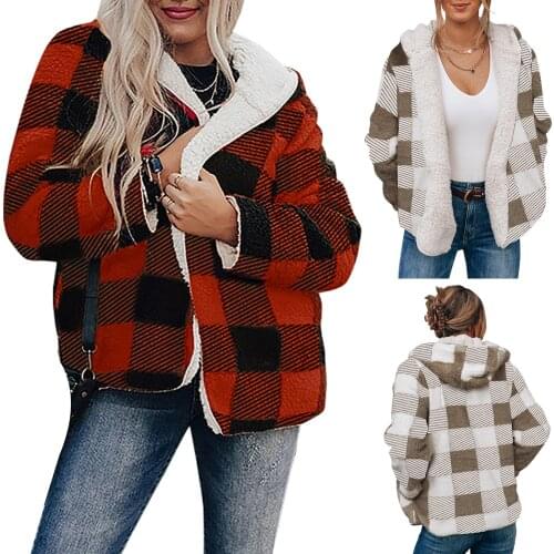 Y2K womens retro plaid stripe printed double-sided plush coat in autumn winter plus velvet warm cotton jacket cardigan jacket
