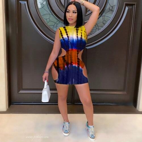 Summer Clothing Sexy Dress Tie-dye Print Sleeveless Hollow Dresses for Women Vacation Outfits Gothic Clothes Wholesale Items