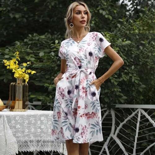 Short Sleeve Vintage Print Dress Women Summer V-neck High Waist Streetwear Female Casual Elegant Temperament A-line Midi Dress