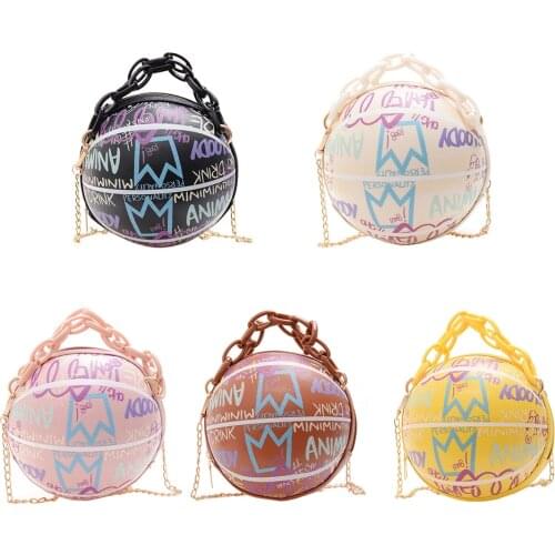 2021 Women Personality Graffiti Round Ball Bag Soft PU Leather Crossbody Acrylic Chain Handbags and Purses Female Basketball Bag