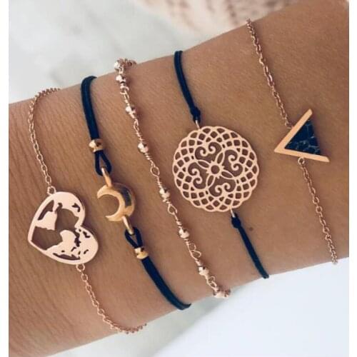 5 pcs/set New Fashion Bracelets For Women Girl Vintage Gold Bangles Classic Retro Creative Valentines Day Gift Geometric Design