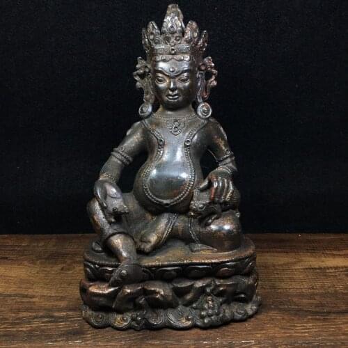 8" Tibet Buddhism Temple Old Bronze Cinnabars Yellow God of Wealth Buddha Statue Zang La Sebo Amitabha Enshrine the Buddha