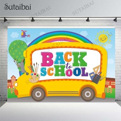 Back To School Backdrop Welcome Student First Day of School Kindergarten Preschool Online Teaching Party Bus Rainbow Background