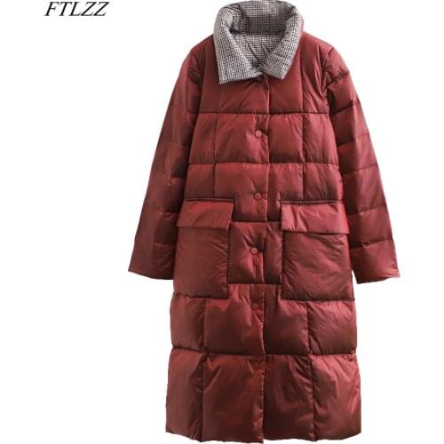 FTLZZ New Winter Women 90% White Duck Down Coat Elegant Single Breasted Double Side Long Jacket Vintage Stand Collar Pocket Coat