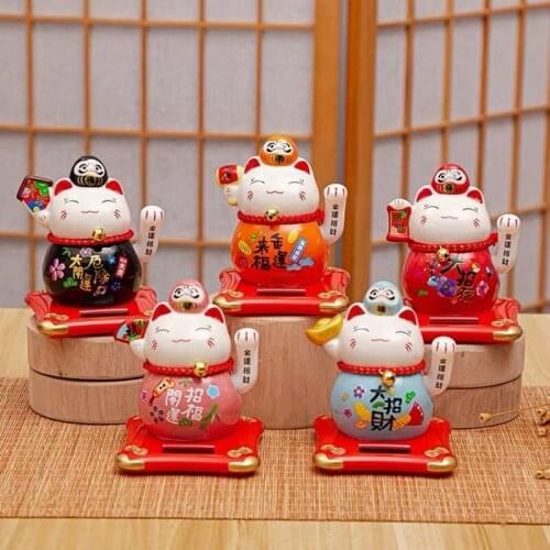 Ceramic Solar Powered Lucky Cat Daruma Figurine Shaking Arm Beckoning Animal Statue Car Maneki Neko Ornament Home Decoration